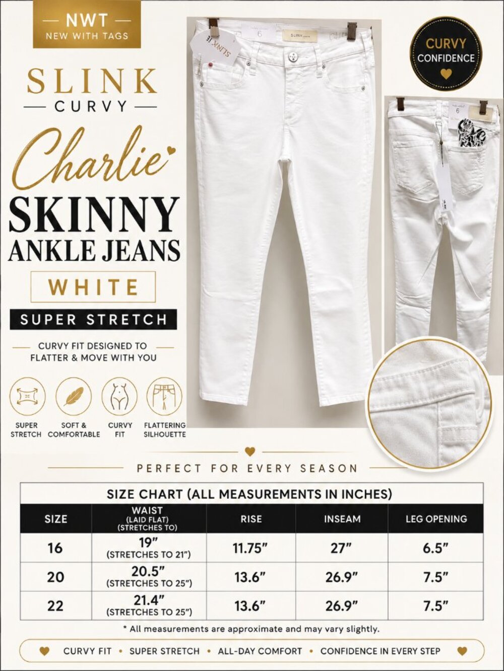 NWT Slink Curvy Charlie Skinny Ankle Jeggings White Stretch Denim Size 16